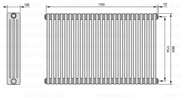 Схема (чертеж) Радиатор Zehnder Charleston 4180/25 №7610 Белый глянцевый RAL 9016